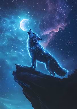 Starry Wolf Howling at the Moon in a Cosmic Night Sky