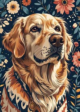 Golden Retriever Floral Portrait