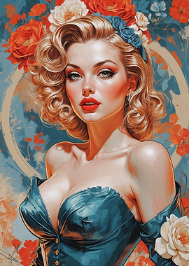 Blonde Pin-Up Portrait with Floral Accents