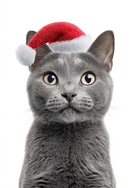Chartreux Cat with Santa Hat
