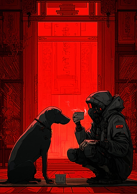 Man, Dog, and Tea in Red