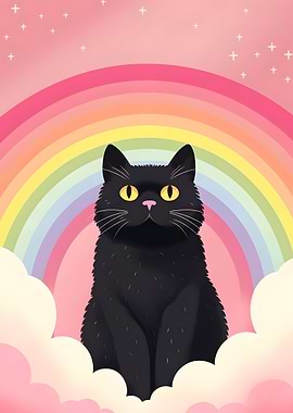 Black Cat Rainbow Cloud Illustration