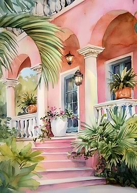 Pink House Watercolor with Tropical Plants