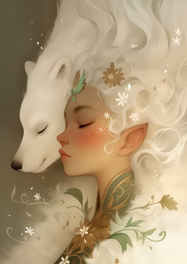 Elf and White Wolf Portrait