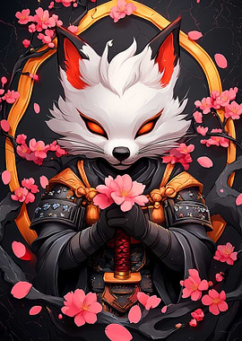 Fox Samurai with Cherry Blossoms
