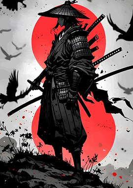 Samurai Warrior with Katana and Birds