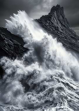 Monochrome Ocean Wave Crashing on Rocks