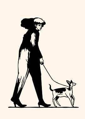 Woman walking dog, black and white