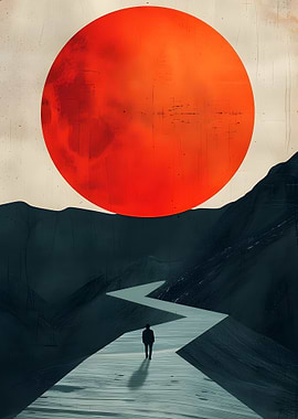 Solitary Figure Under a Red Sun