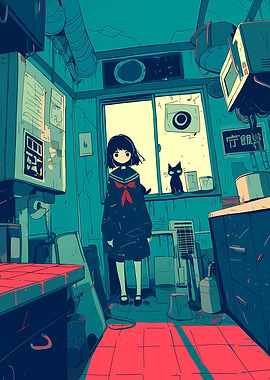 Anime Girl and Black Cat Illustration