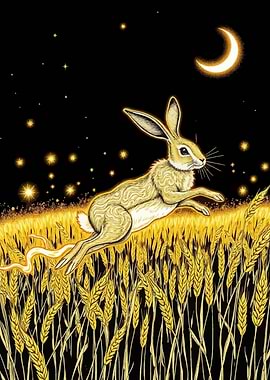 Hare leaping through golden wheat field