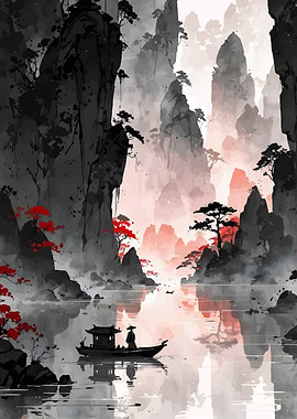 Asian Landscape with Boat and Mountains