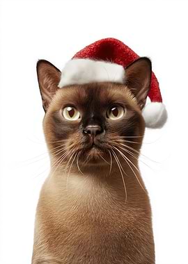 Festive Burmese Cat in Santa Hat