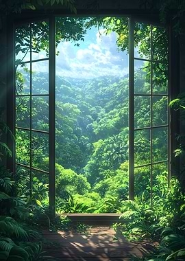 Window to the Wild – Lush Rainforest View Through Open Glass