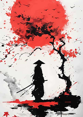 Samurai Silhouette with Red Sun