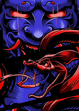Hannya Mask and Snake Illustration