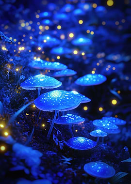 Glowing Blue Mushrooms in Enchanted Forest