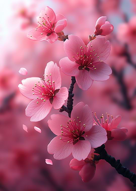 Pink Cherry Blossoms on Branch