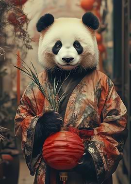 Panda in Kimono with Red Lantern