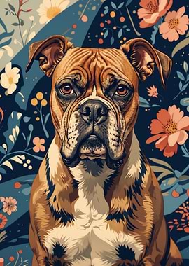 Boxer Dog Portrait with Flowers