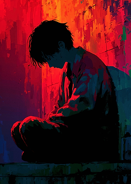 Contemplative Figure in Red and Blue