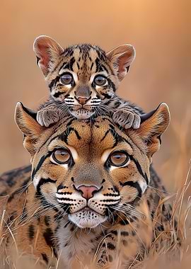 Ocelot Mother and Cub Portrait