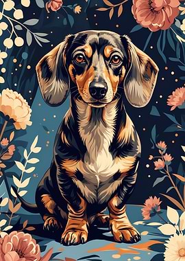 Dachshund Portrait with Floral Background