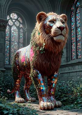 Mosaic Lion Statue in Garden Setting