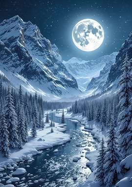Winter Mountain River Under Full Moon