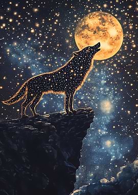Star-Filled Wolf Howling at a Golden Moon