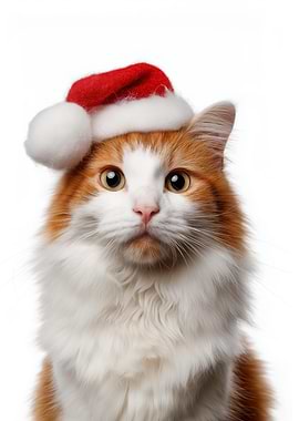 Turkish Van Cat with Santa Hat Portrait