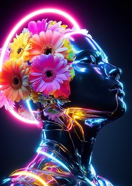 Neon Bloom – Futuristic Floral Android with Radiant Halo