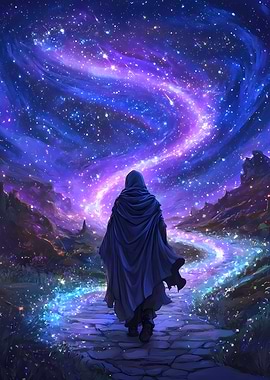 Cloaked Wanderer on a Starlit Path Beneath a Spiral Galaxy