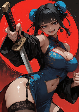Samurai Beauty in Blue Cheongsam with Blade