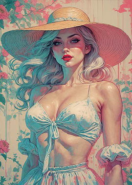 Summer Blonde Pin-Up with Hat and Flowers