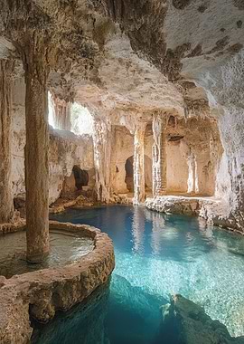 Underground Cave with Blue Water Pool