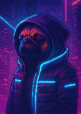 Pixel Art Pug in Cyberpunk Futuristic City Retro
