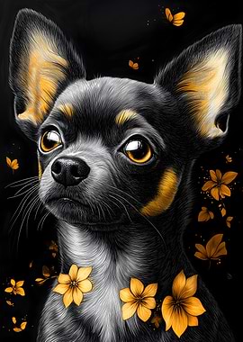 Chihuahua Portrait with Floral Accents Animal
