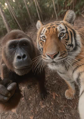 Funny Gorilla and Tiger Selfie