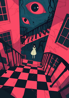 Eerie Staircase with Girl and Monster