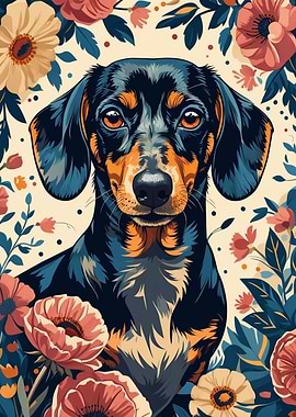 Dachshund Portrait with Floral Background
