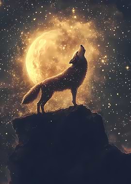 Wolf Howling at the Glowing Golden Moon