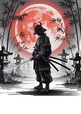 Samurai Warrior with Katana and Red Moon
