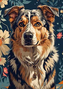 Australian Shepard Portrait with Flowers