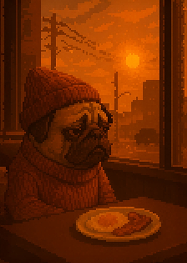 Lone Sad Pug Pixel Art with Bacon and Egg Funny Cute Dog Theme