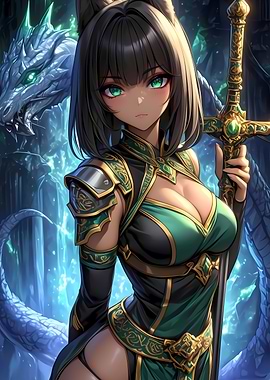 Anime Warrior Girl with Dragon Gaming Anime Girl