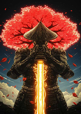 Samurai with Glowing Sword and Tree