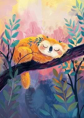 Sleeping Sloth on Branch Illustration
