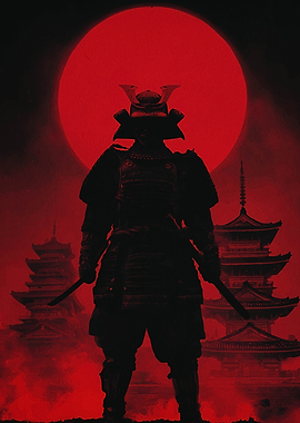 Samurai Warrior Silhouette with Red Moon