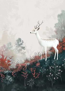 White Deer in Forest Illustration
